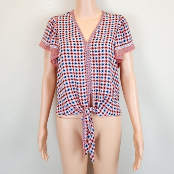 Max Studio Short Sleeve Floral Tie Waistline Blouse - Picture 1 of 9